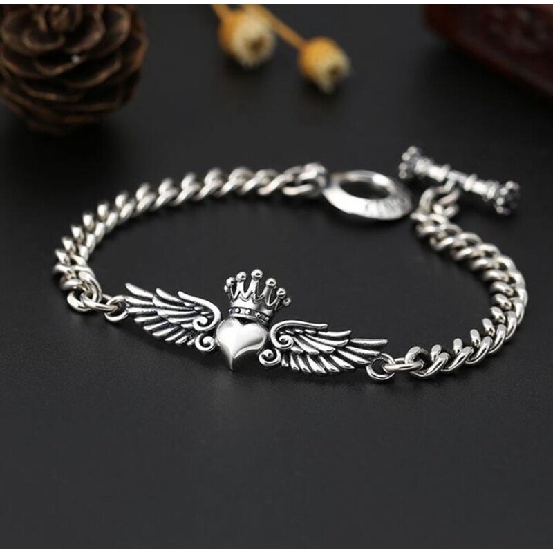 Gelang Silver Desain Mahkota Hati Sayap Gaya Vintage Klasik Untuk Pria Dan Wanita