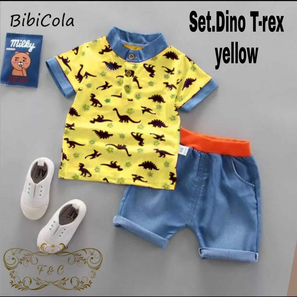 Setelan baju anak murah Set Dino T-rex kid 3w set stelan anak laki-laki terbaru Baju anak sehari hari usia 3 4 5 TAHUN FD