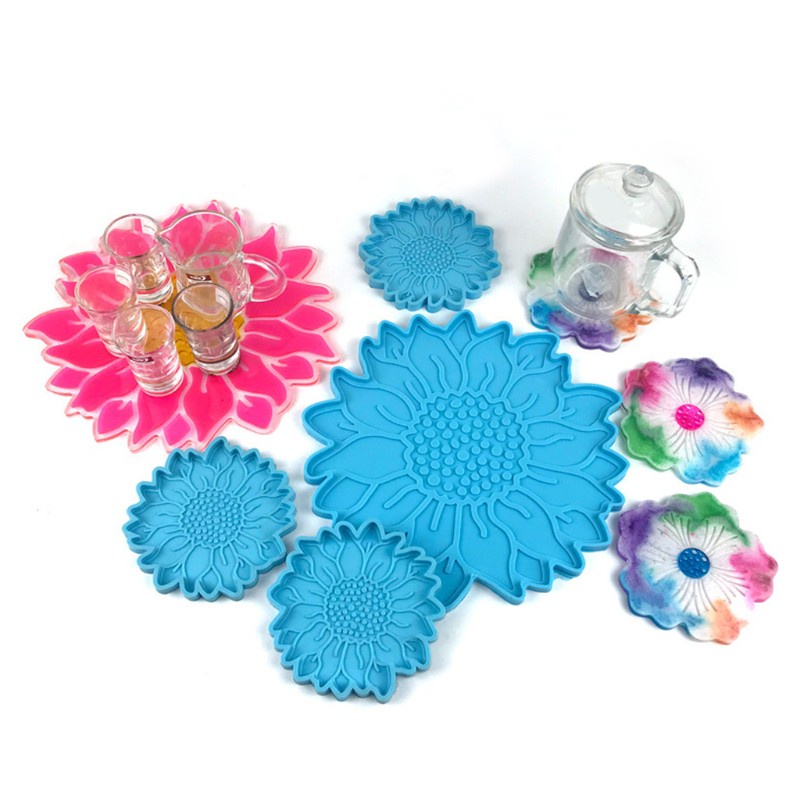 Glitter 5 Pcs Sun Flower Tray Epoxy Resin Mold Serving Plate Casting Silicone Mould DIY Crafts Cup Mat Making Tool