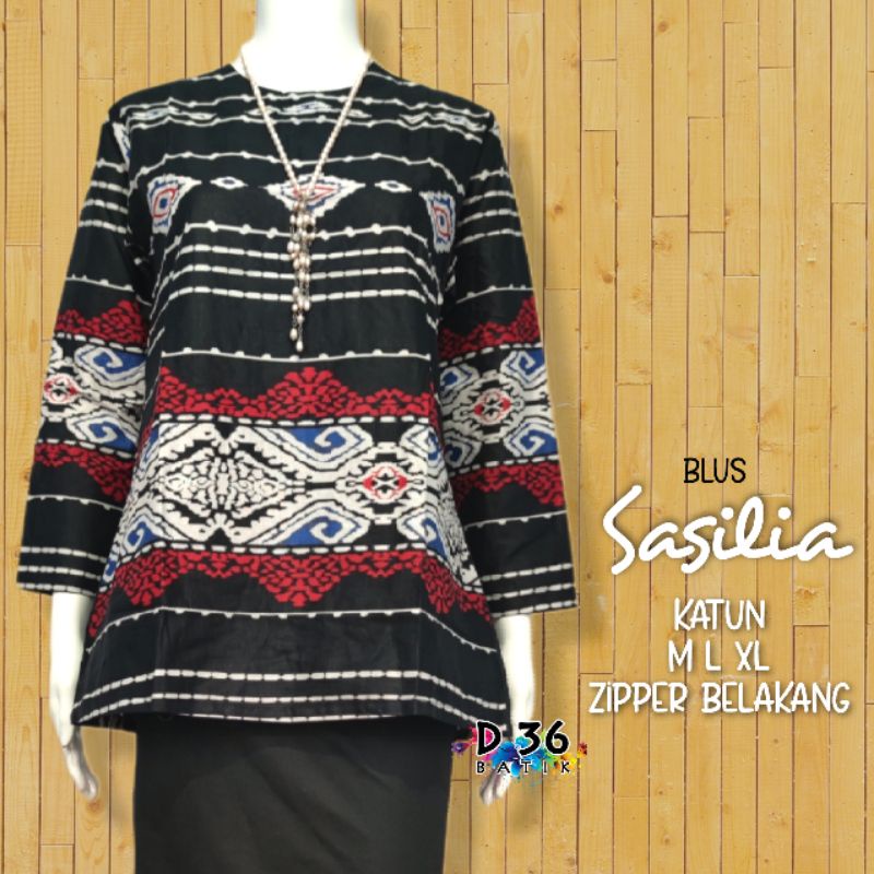 Blus Blouse Sasilia Baju Atasan batik katun adem wanita remaja putri kerja kasual kantor sekolah kuliah party modern kekinian terbaru 2021-Hitam