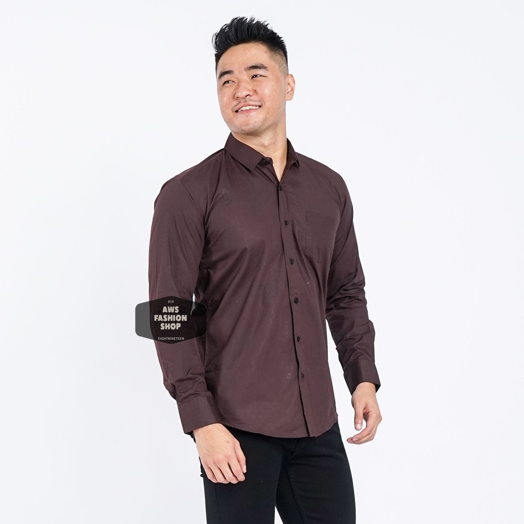 Kemeja Pria Lengan Panjang Polos Coklat Tua Dark Brown Kemeja Cowok Keren Casual Slimfit 3242