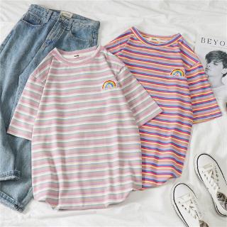 sweet rainbow  stripe kasual lengan pendek kaos  korea 