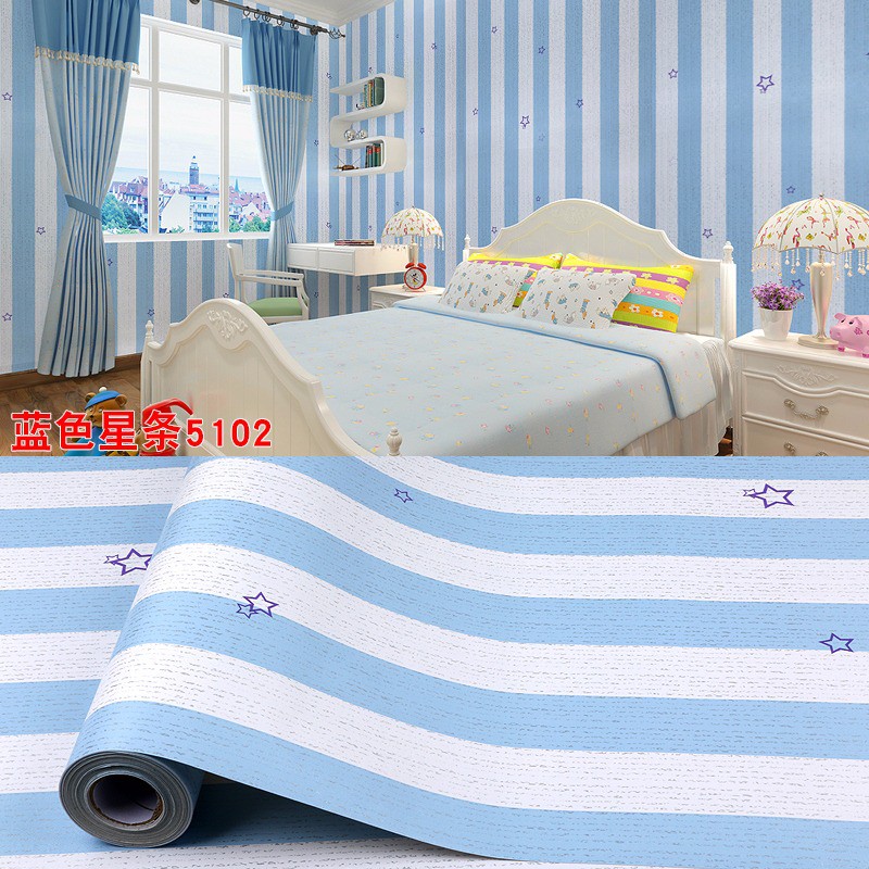 Wallpaper Sticker Dinding Motif Salur Bintang Biru Putih uk 45cm x 10m