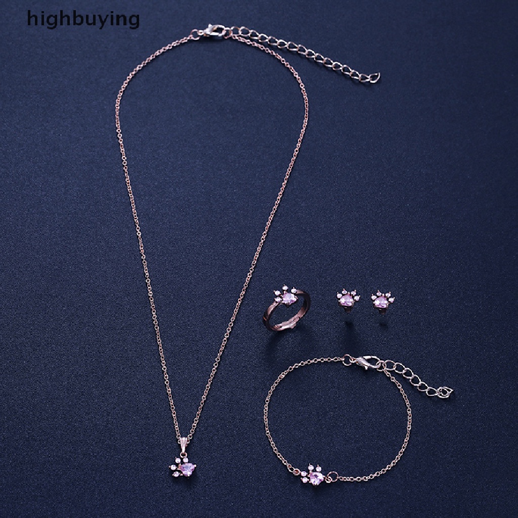 Hbid 4pcs / Set Kalung + Gelang + Cincin + Anting Bentuk Telapak Kaki Anjing Aksen Kristal Untuk Hadiah