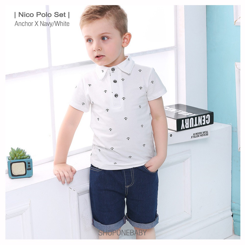 INSTAN Set Kids Polo Jangkar Ball Style Anak Baju Celana Jeans Rumah Boy NICO