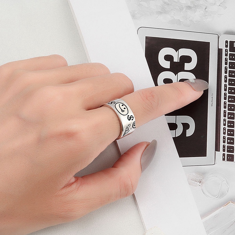 Perhiasan Cincin Sterling Silver 925 Wanita Adjustable Desain Bintang Smiley Face Vintage