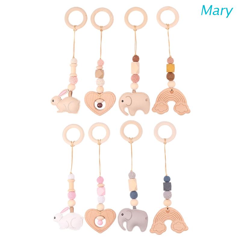 Mary 4pcs / Set Mainan Rattle + Teether + Ring + Manik-Manik Bahan Kayu Untuk Aksesoris Stroller Bayi