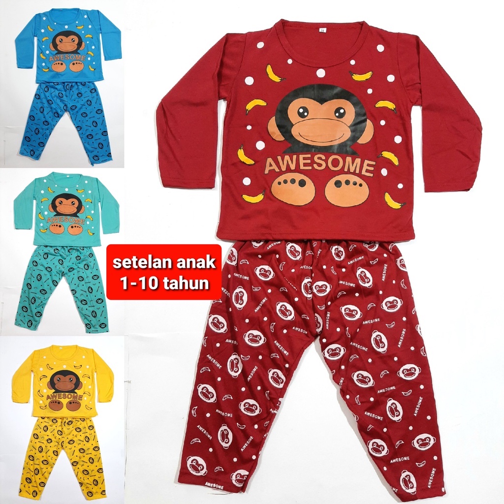 setelan kaos anak 1- 10 tahun laki laki celana lengan panjang PP baju tidur cowok SMLXL monkey grosir