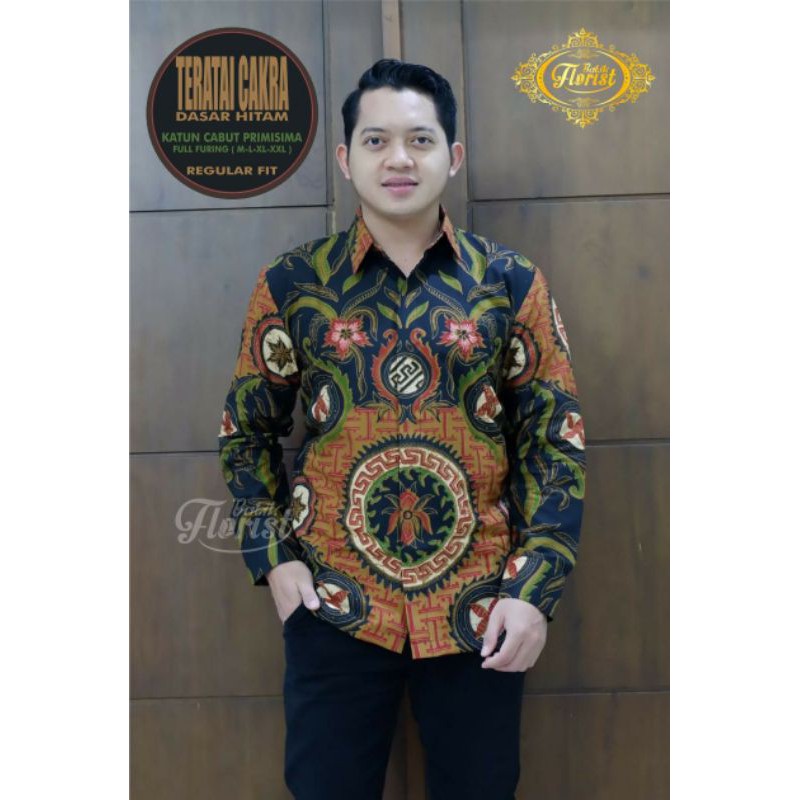 Kemeja Batik Lengan Panjang Batik Pria Lengan Panjang Lapis Furing TERATAI CAKRA HITAM PANJANG