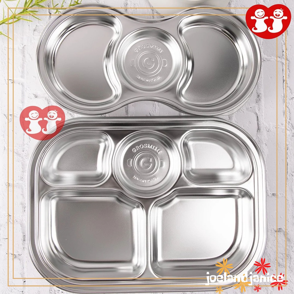 Grosmimi Stainless Baby Food Tray (Include Cover) / 3C 5C / Stainless Plate / Piring Stainless Anak