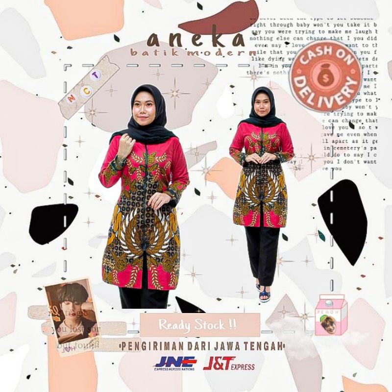 Atasan baju batik wanita cewek kerja formal busui friendly warna merah big size jumbo xxl
