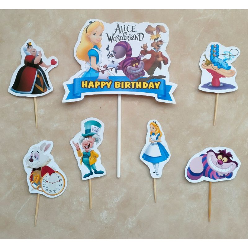 satu set cake topper hiasan kue ulang tahun karakter Alice In Wonderland