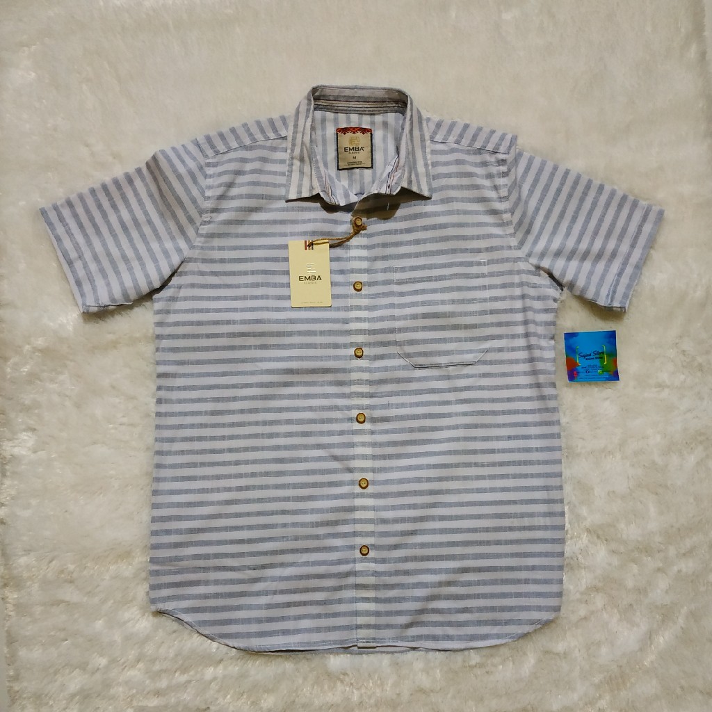 KEMEJA PRIA EMBA CLASSIC ORIGINAL LIMITED EDITION LENGAN PENDEK PUTIH GARIS ABU