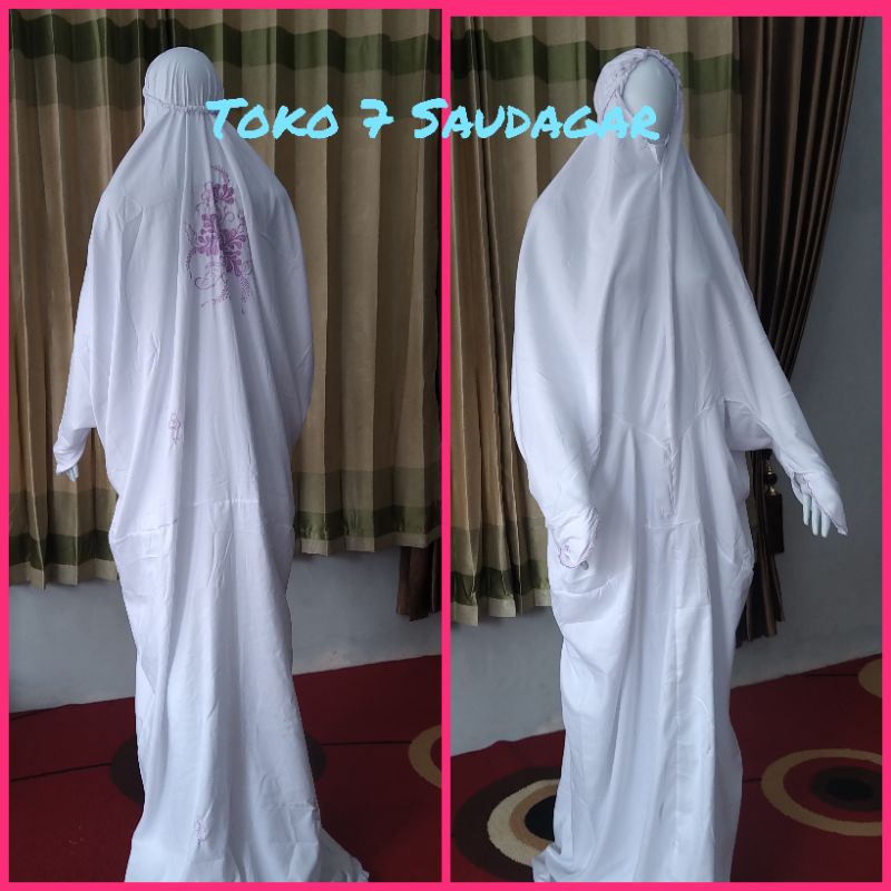 MUKENA DEWASA KATUN POLYESTER PUTIH BORDIR BUNGA / Mukenah TERUSAN / RUKUH PUTIH /RUKUH HIDAYAH