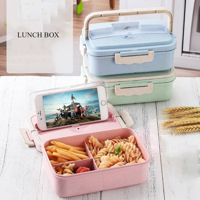 Kotak Makan Jerami Bekal Gandum Handle Lunch Box eco friendly sendok sumpit set dapur microwave oven