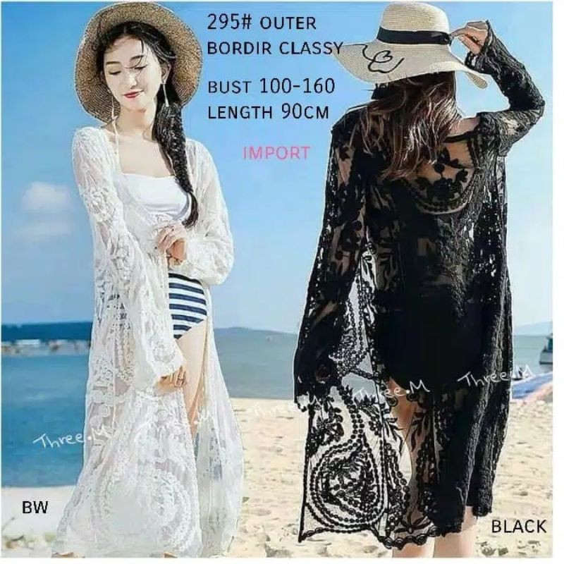 295 Outer Panjang Bordir Transparan import wanita Baju Kardigan full Bordir cewek Baju pantai Putih 