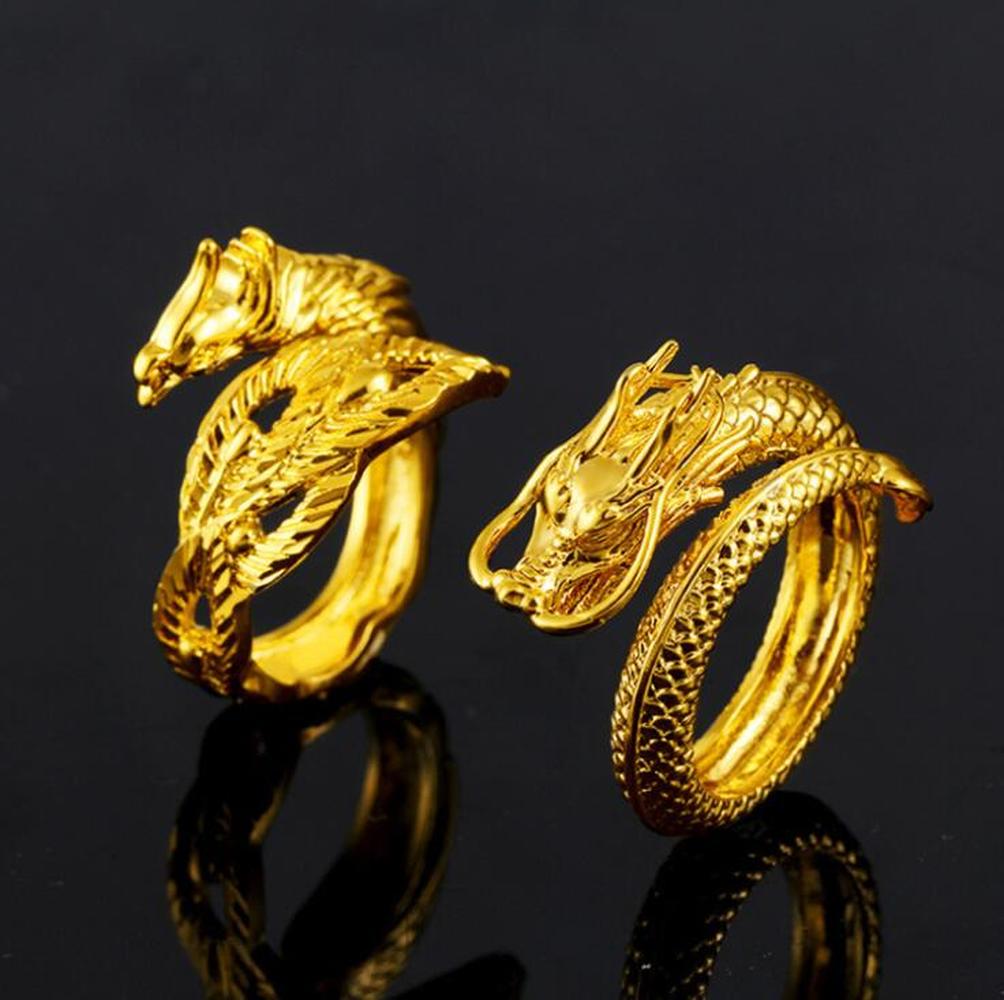 Cincin Pernikahan Model Terbuka Bahan Titanium Steel Plating Gold 18k Desain Phoenix Naga Adjustable Untuk Priawanita