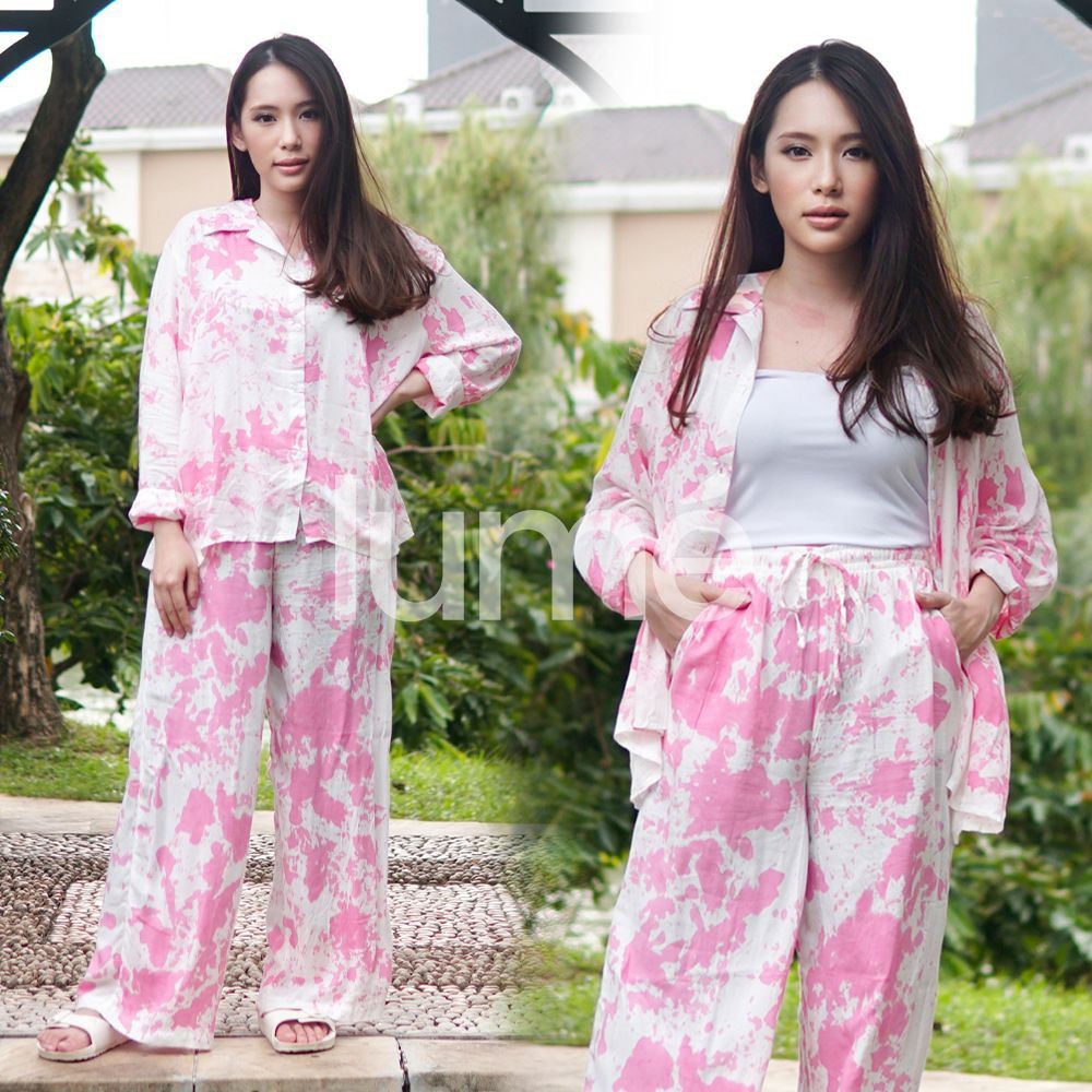 1 Set Tie Dye Lengan Panjang Pink - Baju Tidur Piyama