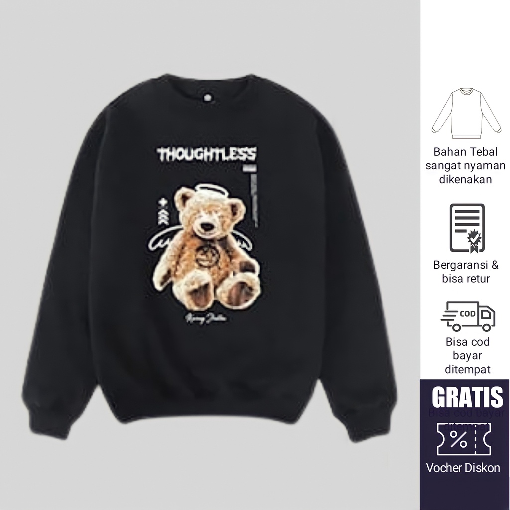 Sweater Crewneck Pria Wanita Bear Trolley Hitam Distro Original Sweter Cowok Black Bears Suiter Rema