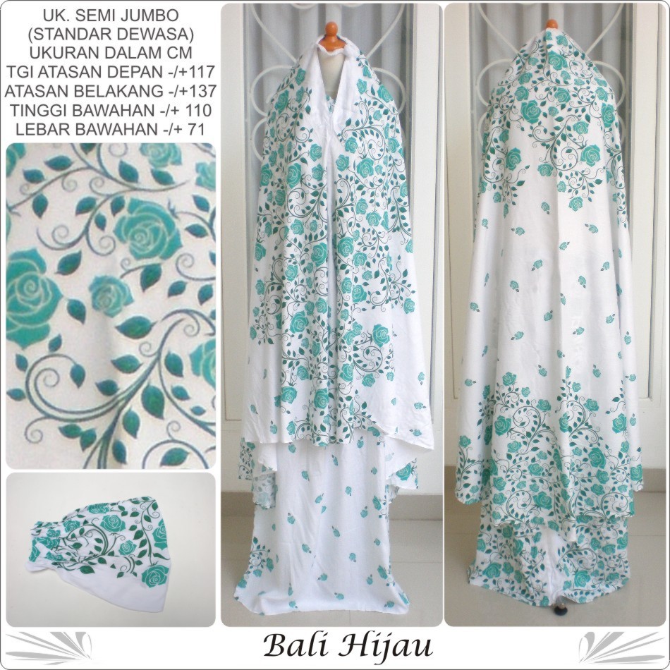 Mukena bali dewasa katun rayon motif bunga hijau toska dasar putih semi jumbo cantik