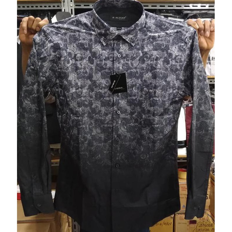 BEST SELER KEMEJA PRIA PRINTING ALISAN PANJANG SLIMFIT SEMI BATIK MERAH ABU ARSIR - MAROON, S