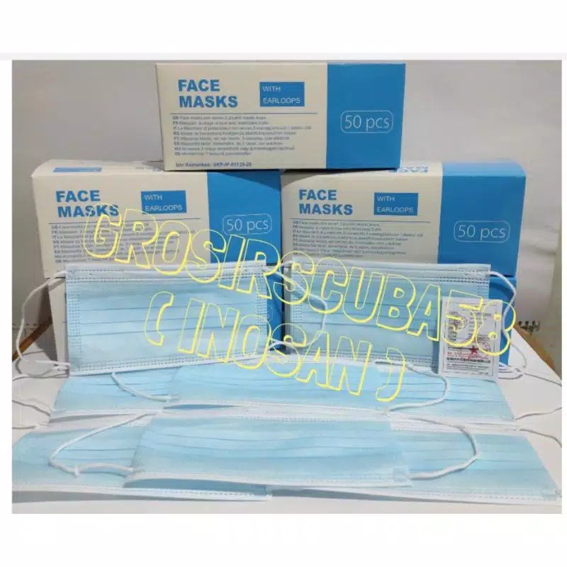 Masker Earloop 3 Ply Face Mask Biru 1 Box Isi 50 Pcs