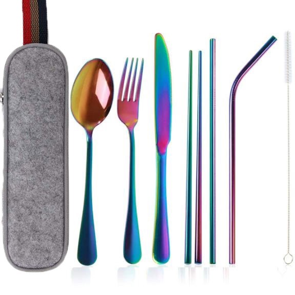 Satu Set Alat Makan Stainless Stell | Sendok Garpu Pisau Sumpit Sedotan