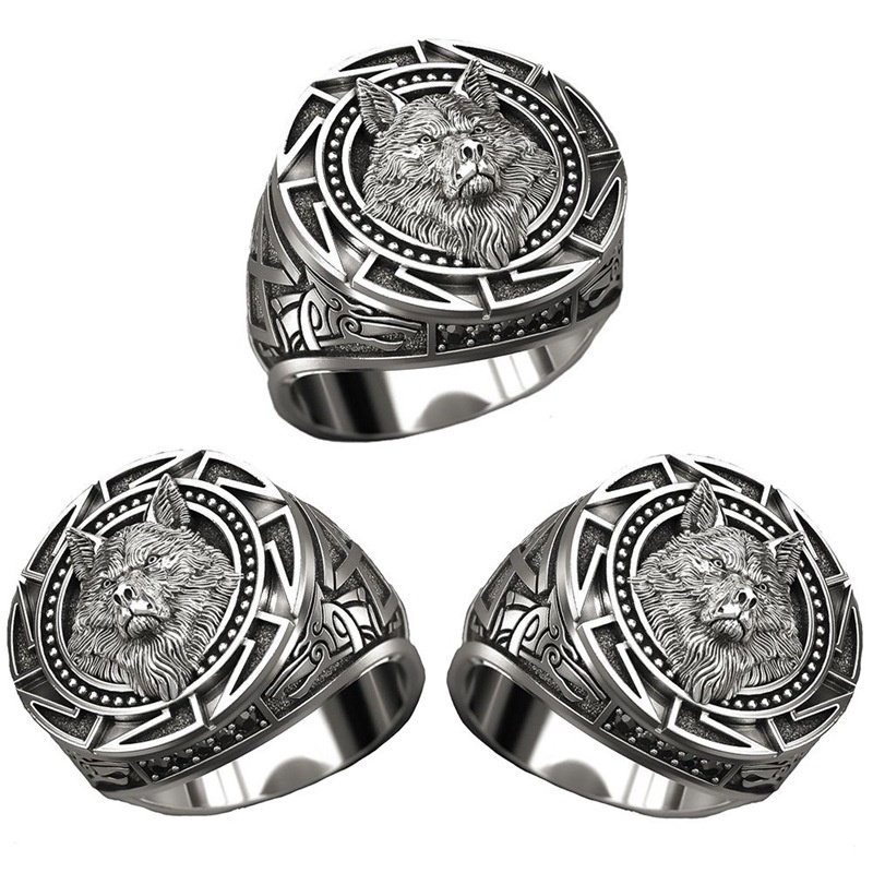 Cincin Pria Bahan Sterling Silver 925 Desain Serigala Gaya Punk / Viking Untuk Pesta / Hadiah Hari Ayah