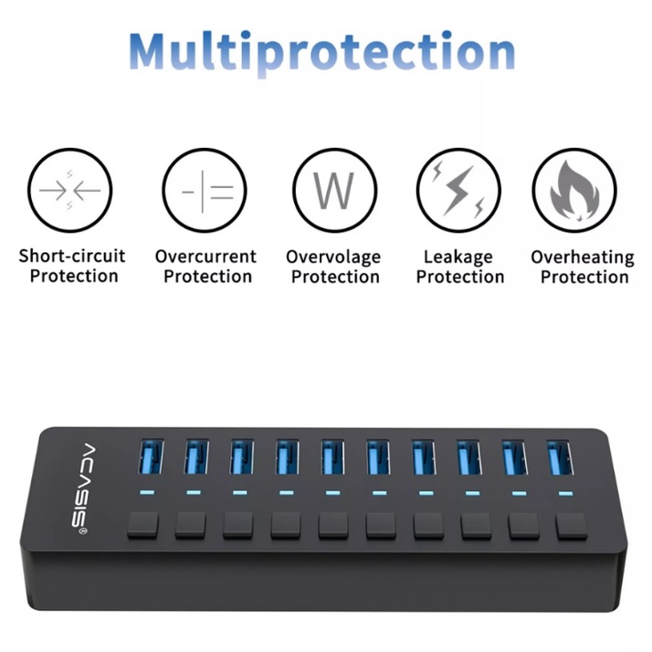 USB HUB 10 Port USB 3.0 ACASIS HS710 High Speed Include Power