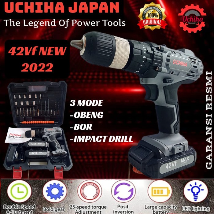 promo mesin bor baterai 42vf impact drill cordless 13mm uchiha japan