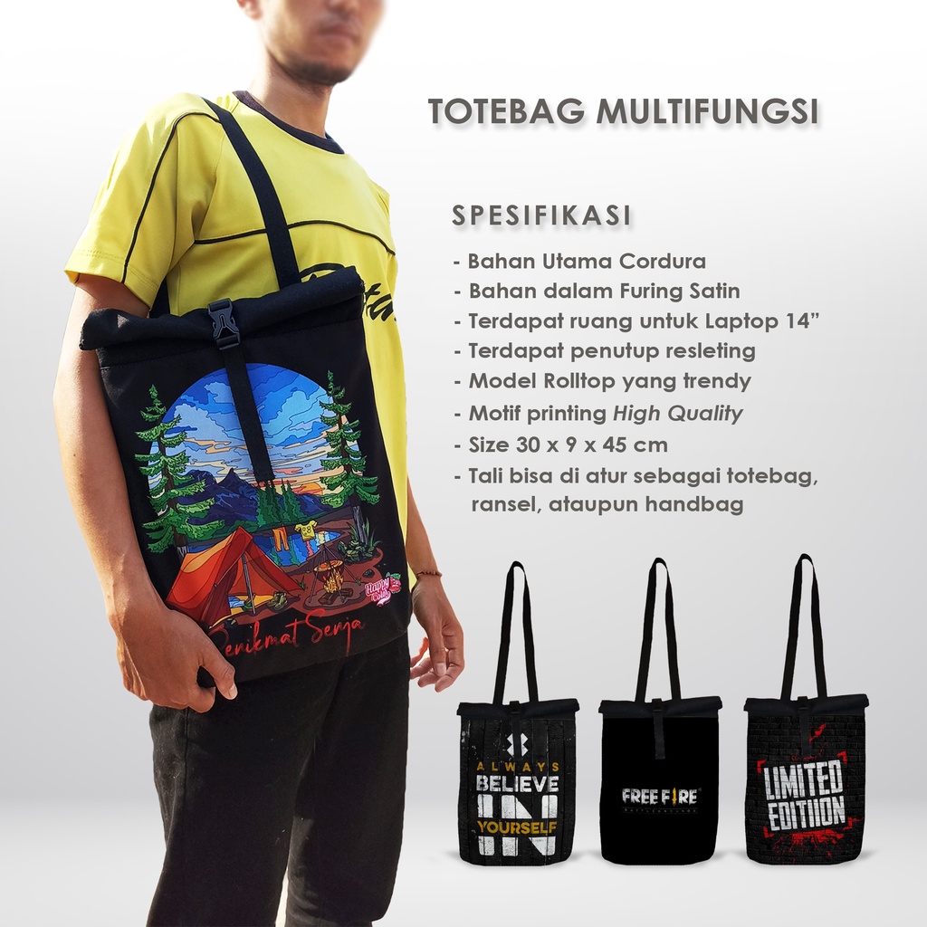 Totebag Ransel Multifungsi Rolltop Tas Pria Wanita Stylish Printing Motif Hitam Simple