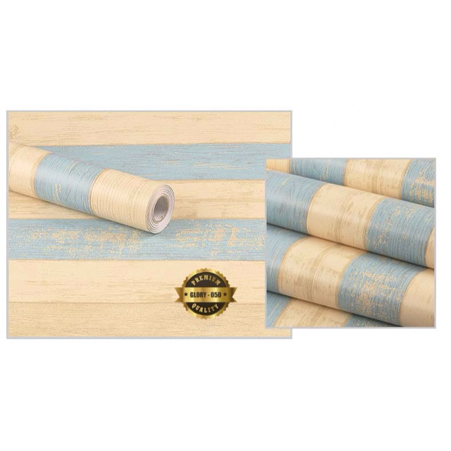  Wallpaper  stiker motif garis  kayu  biru dan coklat muda 