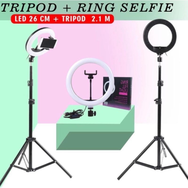 Paket 1 - 26CM Ring Light LED 26 with Grip Tripod 210 CM 2.1 M Lampu Vlog TikTok