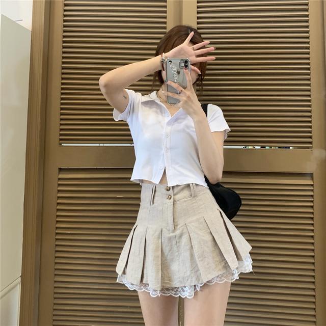 #Sisjuly# Korea GadispoloKerah Cardigan Lengan PendekTT-shirt+Desain Katun dan Linen Renda Jahitan Lipit Rok P