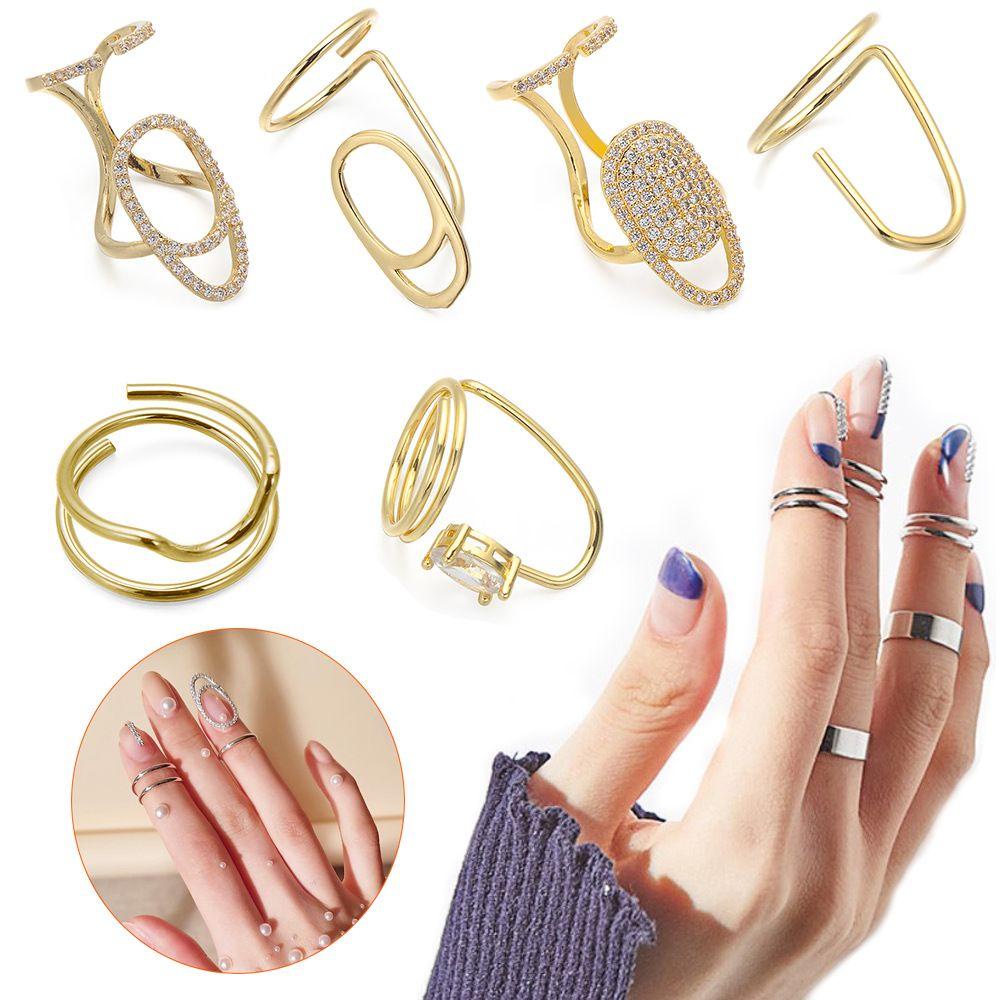 R-flower Fingertips Rings Beauty Gold &amp; Silver Wanita Perhiasan Nail Art