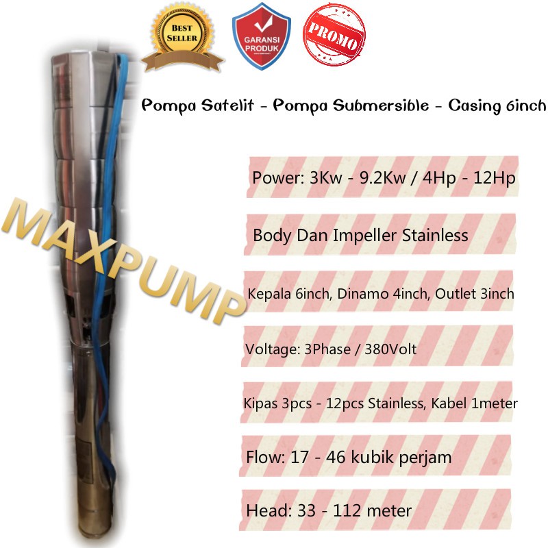 MAXPUMP 150QJ30-30/4-4SPA Mesin Pompa satelit 5.5hp untuk sumur bor head max 43meter casing pipa 6inch kipas stainless 4000watt