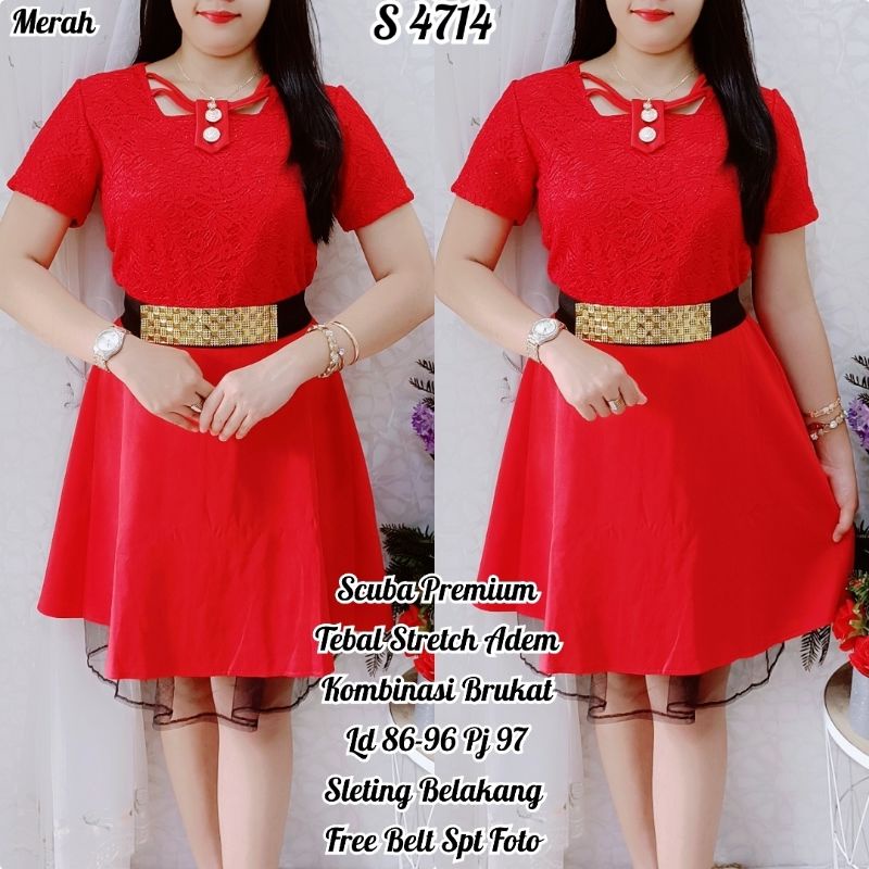 S 4714 #Dress Scuba Mix Brukat 136 Khusus Merah+Belt