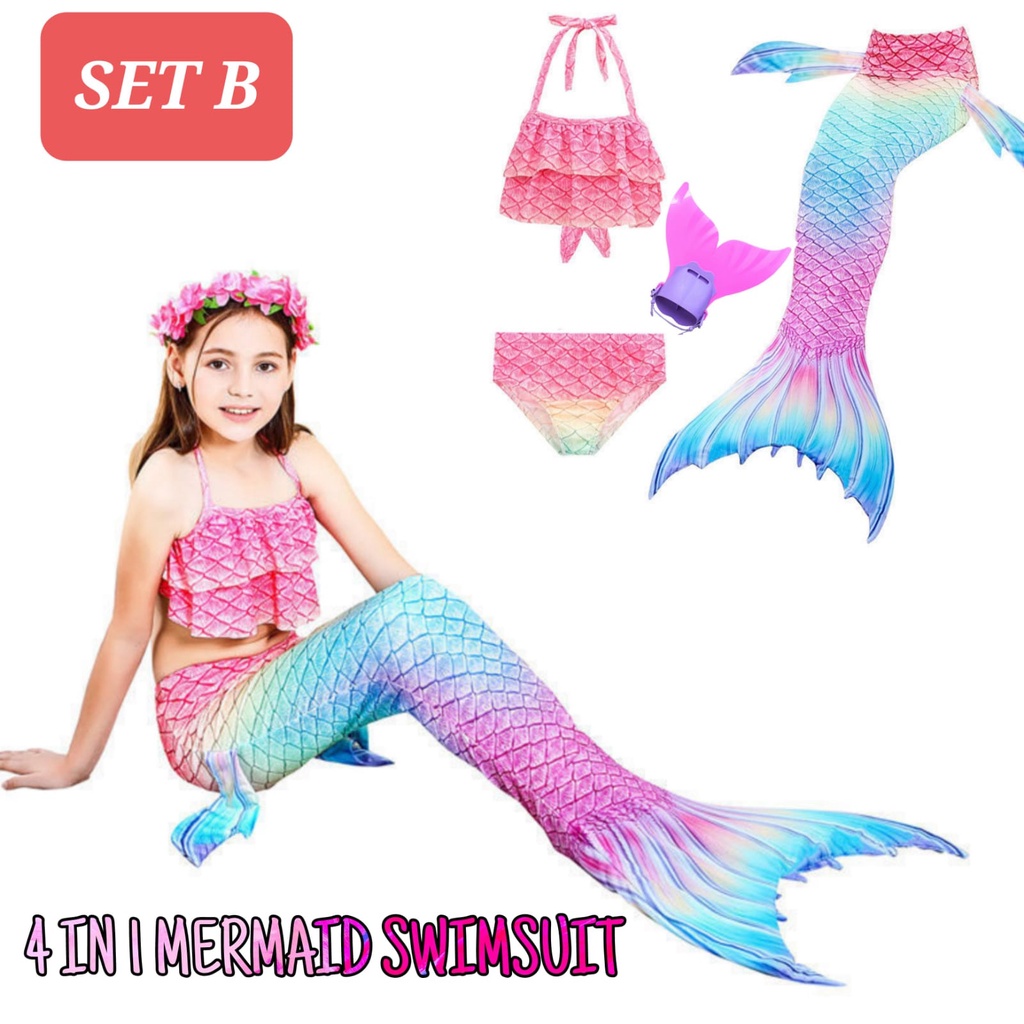 BAJUKIDDIE 4 IN 1 MERMAID SWIMSUIT BAJU RENANG DUYUNG ANAK IMPOR