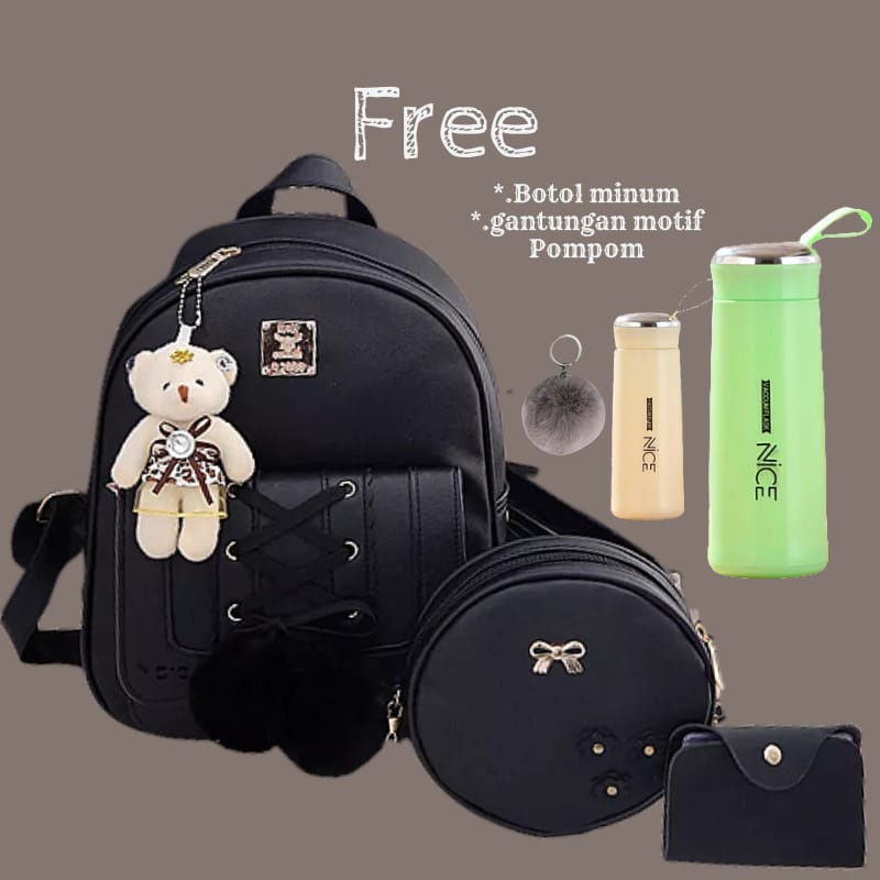 Tas Ransel Wanita New Stylish Backpack Ransel Jalan Jalan Tas Kuliah Wanita 4in1 Free Botol Minum