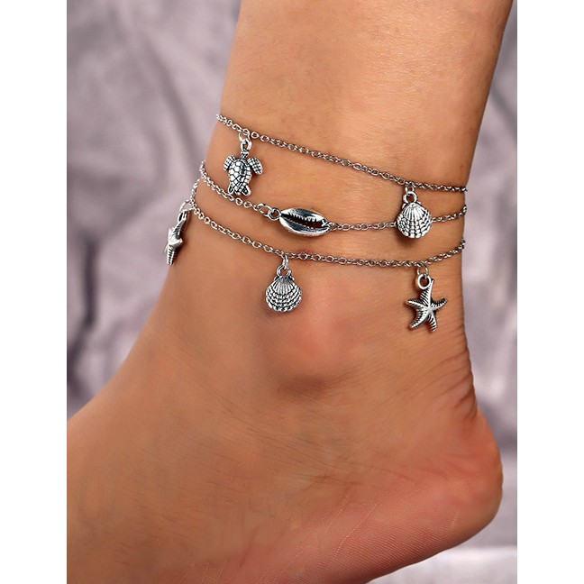 LRC Gelang Kaki Fashion Silver Metal Shell Starfish Turtle Multi-layered Anklet F74812