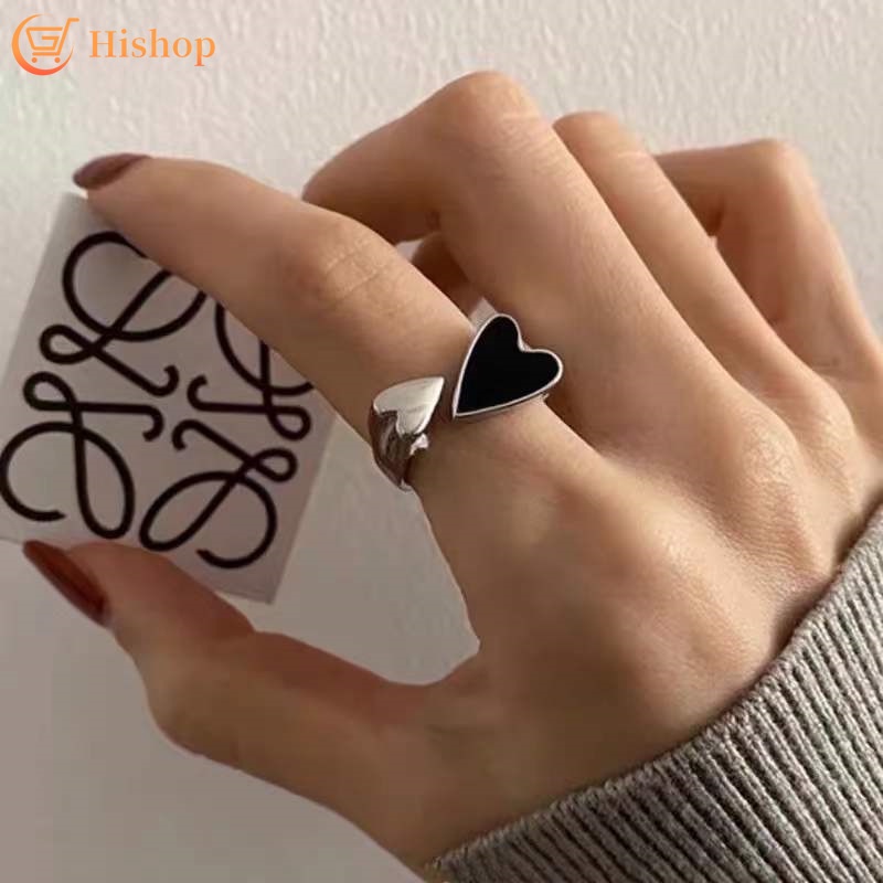 Cincin Model Terbuka Desain Hati Warna Hitam Bahan Silver Untuk Wanita