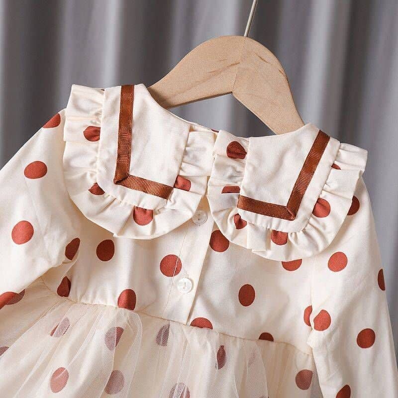 Promo !! Dress anak cewek simple / dress polka brown furing import ukuran 2-4tahun (cream hijau)