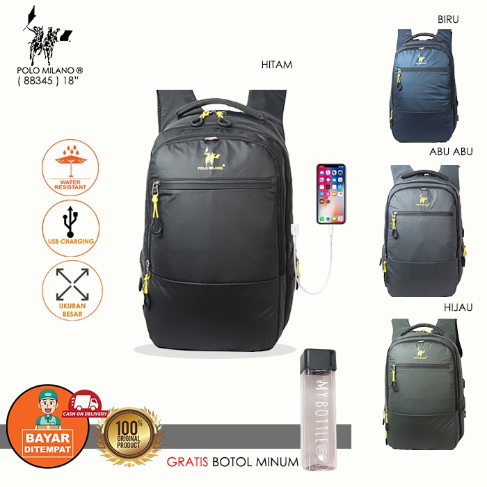 BEST PRODUK TAS RANSEL Tas Pria IMPORT POLO MILANO - 88345 - TAS RANSEL KEKINIAN MODEL CASUAL ANTI AIR