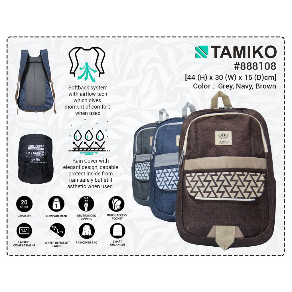 Tas Ransel Wanita Laptop TAMIKO 888108 Backpack Cewek Kekinian Raincover Laptop Sleeve