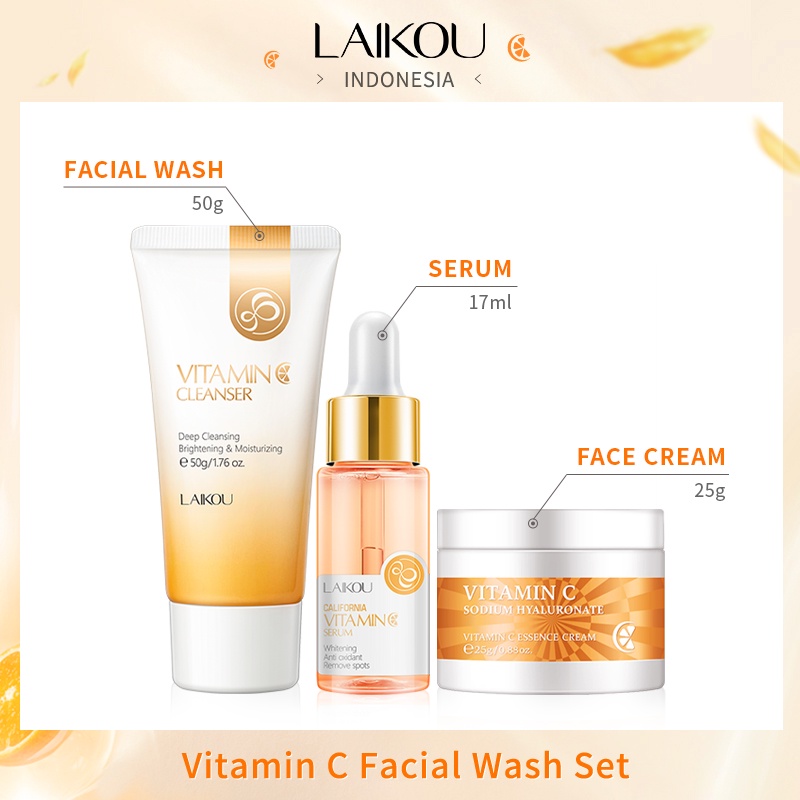 LAIKOU Vitamin C Glowing Serum Pembersih Wajah Set Perawatan Kulit Krim Memudarkan Kemerahan