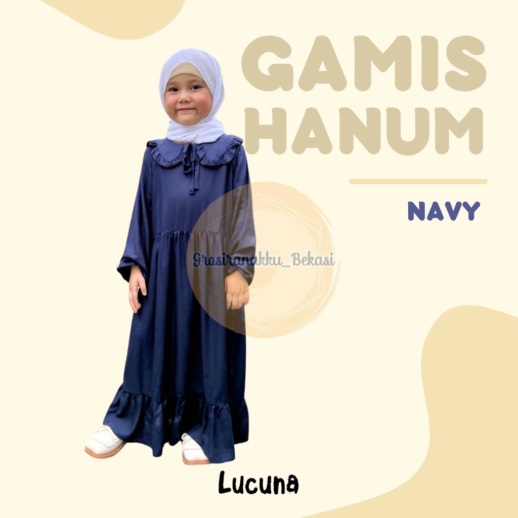 Gamis Rayon Anak Hanum Lucuna Warna Navy Size 2-10 Thn