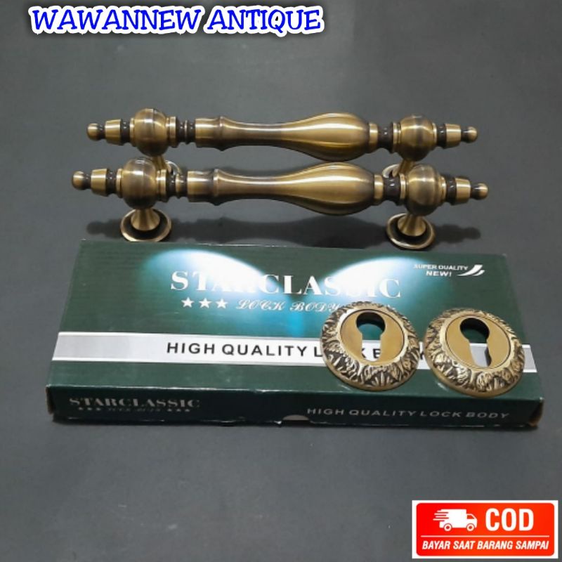 Handle Pintu / Gagang Pintu Rumah Kuningan + 1 Set Body Kunci Motif Teratai 32cm