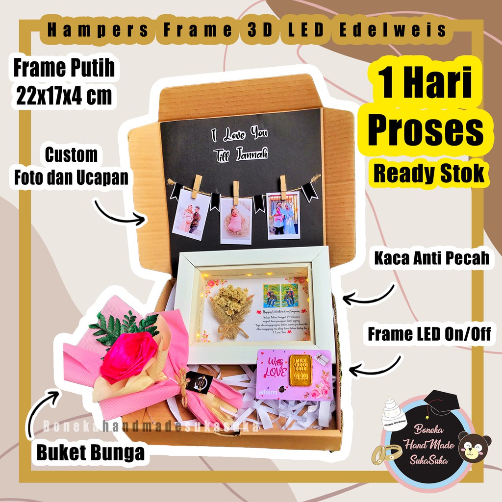 Flower in Frame 3D Figura Kado Custom Hadiah Pernikahan Custom Foto Kado Unik Edelwis Bunga Kering