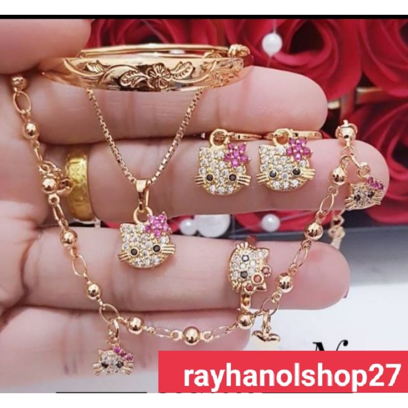 SET PERHIASAN ANAK TITANIUM MATA HITAM KEPALA SATU GELANG RICA LAPIS EMAS 24 K