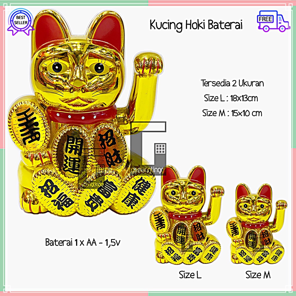 Boneka Patung Pajangan Hiasan Dekorasi Kucing Hoki Lucky Cat Rejeki Maneki Neko Maneko Neki Keberuntungan Emas Gold Tangan Gerak Goyang Batre Batrai Baterai Batrei Non Solar Listrik Jepang Cina China Meja Toko Kasir Size Ukuran Kecil Sedang Medium Besar